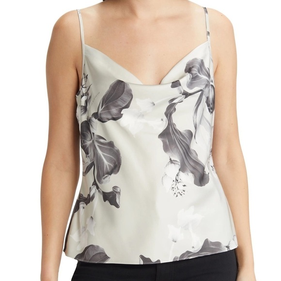 NEW AllSaints Hadley Cowl Neck Satin Top ECRU WHITE Gray Marble Size 4 US 8 UK - Picture 1 of 7